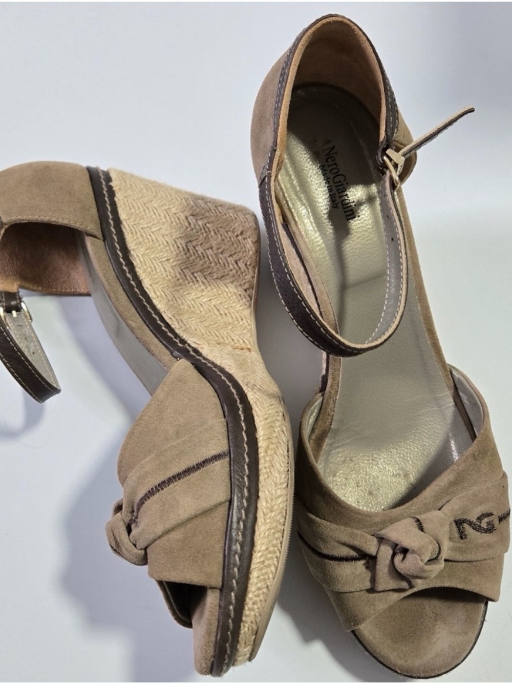 Nero Giardini Taupe Suede Wedge Sandals with Knotted Front and Ankle Strap